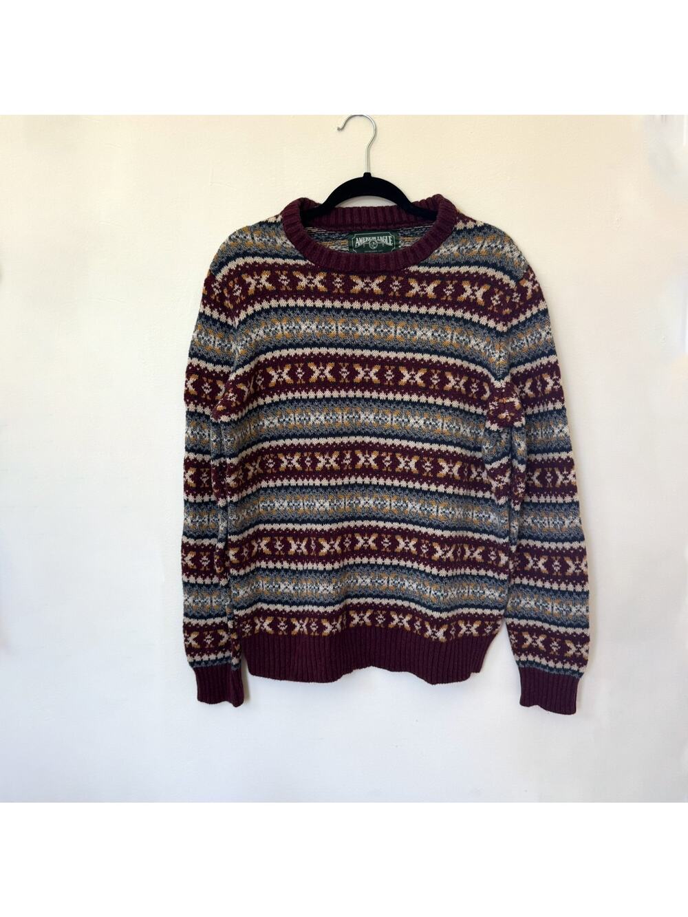American Eagle Fair Isle Crewneck Sweater Burgundy Pattern Size XL Cottagecore